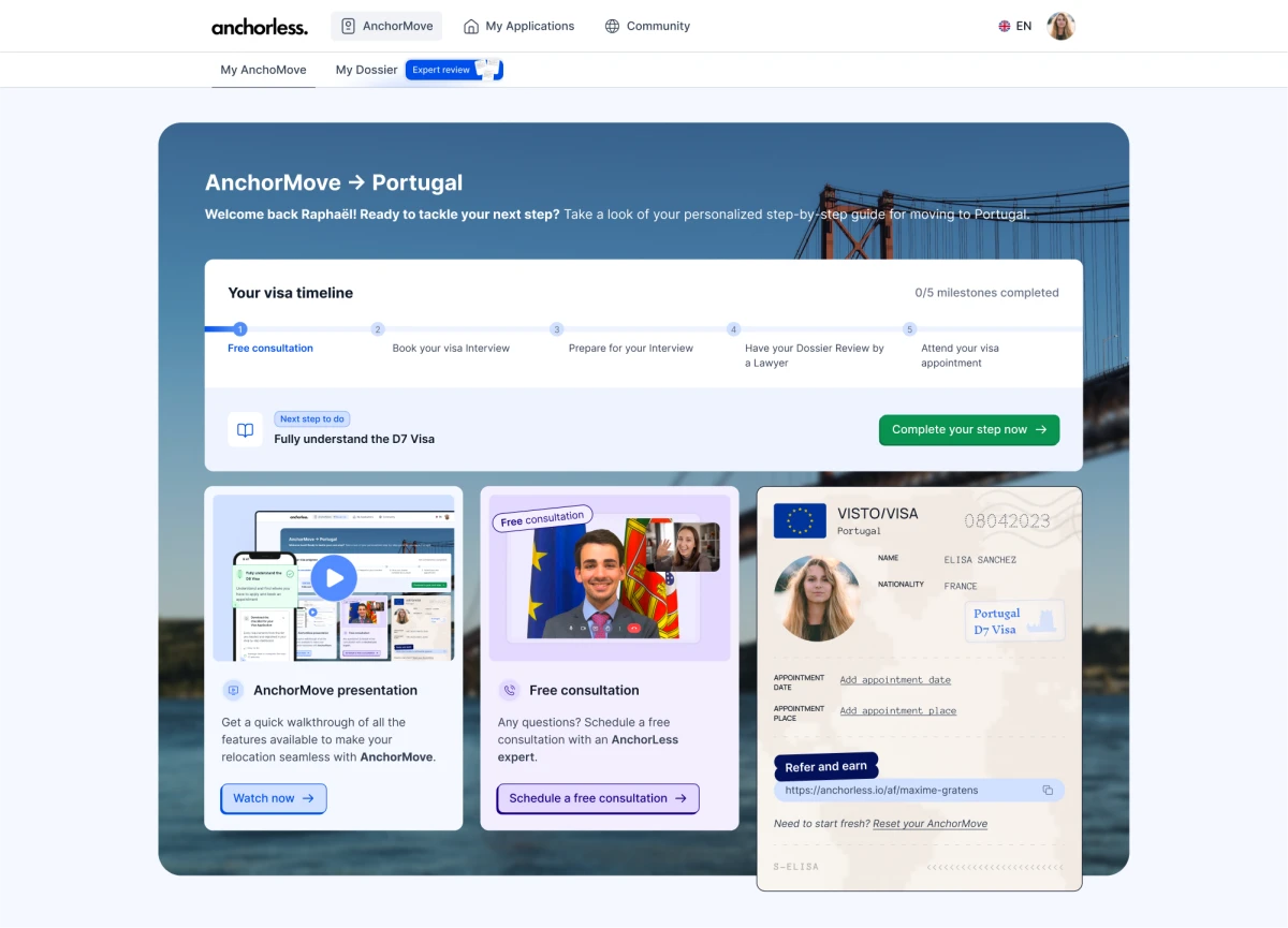 The AnchorMove dashboard showing relocation milestones and tasks